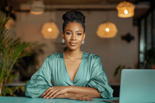 Confident African American Woman Working Remotely.
Elegant Woman in Teal Blouse Showcases Confidence and Grace in Modern Workspace Illuminated by Ambient Lighting