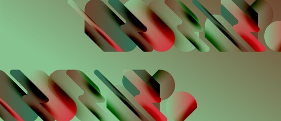 Abstract design features repeating text elements. Colors include red, green, plus muted tones. Composition appears layered, modern.