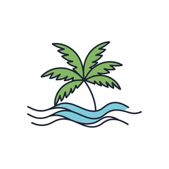 Tropical Palm Tree and Ocean Waves Illustration, Summer Vacation Concept.
