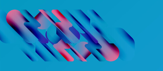 Abstract design features vibrant blue, pink gradients. Geometric shapes overlap creating dynamic visual effect. Modern, colorful composition.