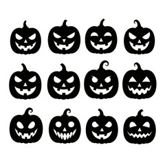 A collection of black silhouette jack-o'-lanterns with various carved expressions, perfect for Halloween.