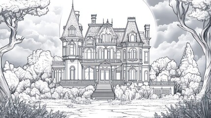 Line drawing of a victorian house amongst trees against a sky with moon for architectural purposes