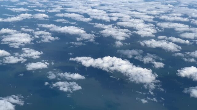 Between North Sea, North Atlantic Drift And English Channel, Blue Ocean Water Surface, Sky, Scattered Cumulus Clouds, Shallow Epicontinental Sea, Offshore Wind Farm