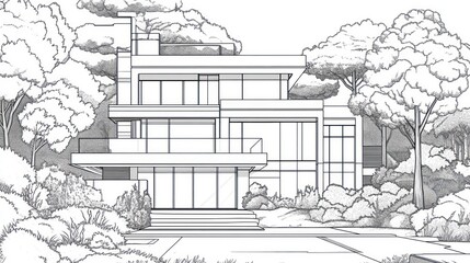 Modern house sketch, trees around, on path, architecture plan use