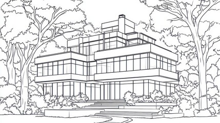 Line drawing of a modern house with trees; architecture plan/coloring book