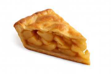 Slice of classic apple pie showing baked golden crust and sweet fruit filling, transparent background