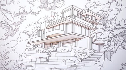 Architectural line drawing of a house on a hill with clouds as background for art or plans