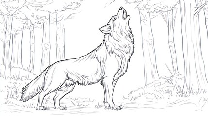 Howling wolf in forest setting, sketch style for coloring or drawing practice
