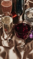 Variety of sparkling wine, champagne and cocktail glasses on luxurious satin background. 