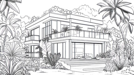 Modern home sketch with trees and plants, potential real estate, architectural drawing
