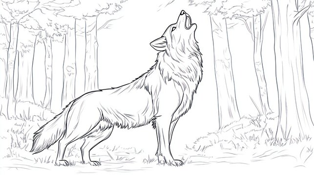 Howling wolf in forest setting, sketch style for coloring or drawing practice
