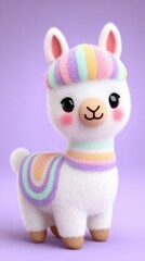 Adorable Fluffy White Llama Toy with Pastel Rainbow Stripes on Purple Background