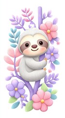 Adorable Cartoon Sloth Among Pastel Flowers