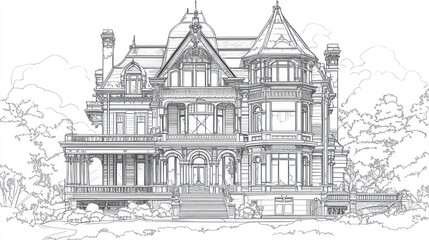 Large, detailed Victorian house drawing, steps in front, trees in background, architectural use