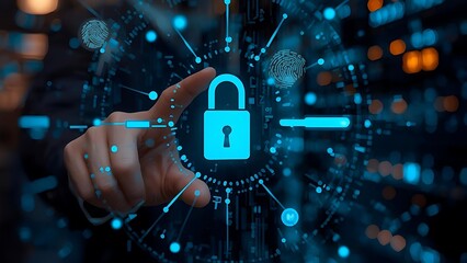 Digital security concept with hand interacting with a glowing padlock interface