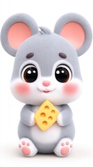 Adorable Gray Mouse Holding Cheese 3D Cartoon Illustration