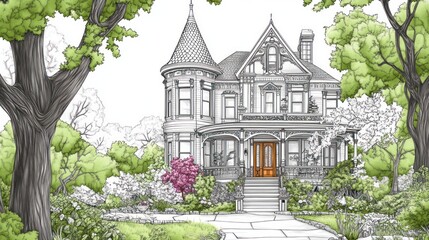 Victorian house with foliage, used for real estate, architectural design