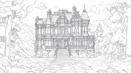 Line art of a mansion with trees for coloring book page or background image