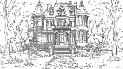 Detailed line art of a house with trees, for coloring activity or architectural illustration