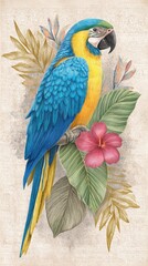 Blue and Yellow Macaw Parrot Among Tropical Plants
