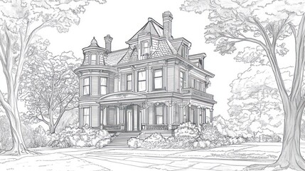 House drawing, trees frame home, lawn, black and white illustration use for design, coloring
