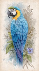 Blue and Yellow Macaw Parrot on Branch with Watercolor Leaves