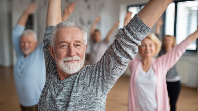 group of seniors doing stretching exercise together at retirement centre elderly men and old women exercising at nursing home during daily fitness retired couples exercising at care facility no logos