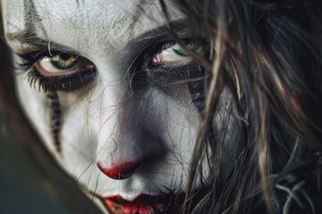 Close up of scary clown makeup featuring a red nose and black tear streaks, creating a disturbing and eerie effect