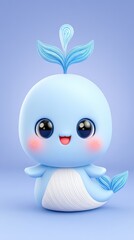 Cute Cartoon Light Blue Whale with Leaves