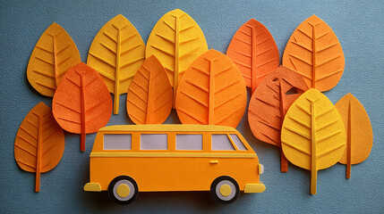 cute paper cutout autumn van flat craft easy 2d paper craft project for little kids - vacation background