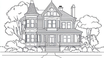 Victorian style house illustration with trees for coloring, design, or plans