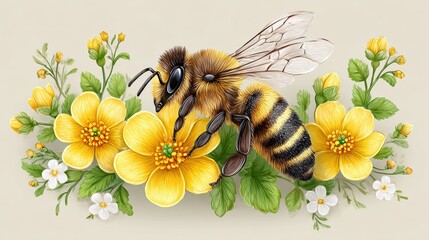 Detailed Bee Pollinating Bright Yellow Flowers with White Blossoms