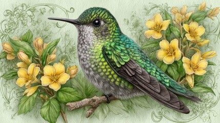 Green Hummingbird Among Yellow Flowers, Detailed Illustration