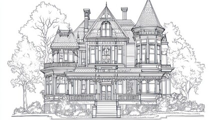 House sketch. Victorian architecture on land, with trees. For blueprint or concept design
