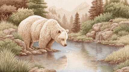 Grizzly Bear Drinking from Stream in Tranquil Forest Setting
