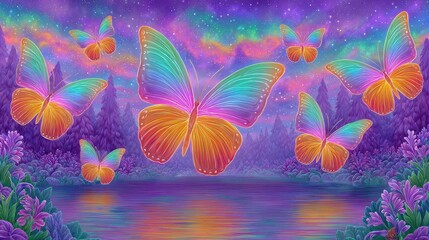 Iridescent Butterflies Soaring Over a Tranquil Lake at Twilight