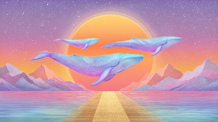 Pastel Whales Soaring at Sunset Over Glittering Ocean