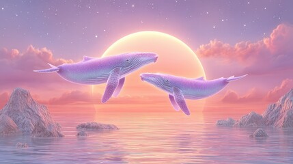 Pink Whales Leap at Sunset Under a Magical Moon