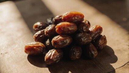 Fototapeta premium Pile of Dates on a Wooden Surface in Warm Light.