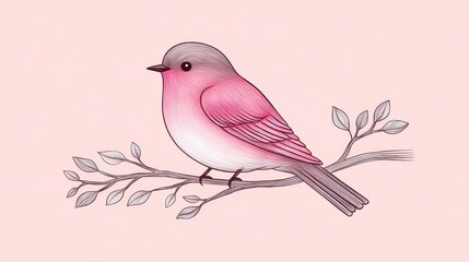 Pixelated Pink Bird on Branch