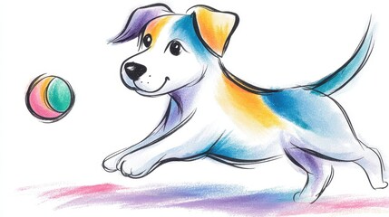 Playful Puppy Chasing Colorful Ball on Pastel Background