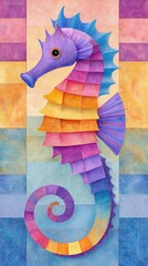 Rainbow Seahorse Mosaic Illustration on Textured Background