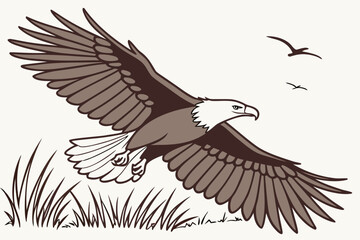Bare Tree and Flying Eagle Silhouette Vector - Monochrome Line Art Graphic