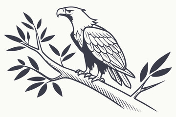 Lush Tree, Game Bird, and Forest in Hilly Landscape Vector - Monochrome Graphic