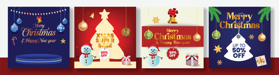 Modern Christmas and Happy New Year Sale Promotion Template Bundle with Square Flyer, Social Media Post, and Poster Design for Festive Winter Celebration and Holiday Marketing