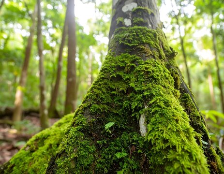 Lush green moss on a tree trunk in a forest