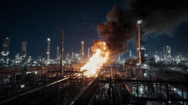 Oil refinery at night with flames and pipework