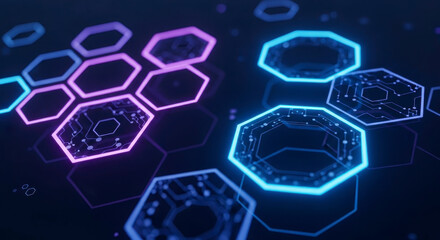 Abstract Digital Network Connections with Glowing Hexagonal Structures and Circuit Board Patterns