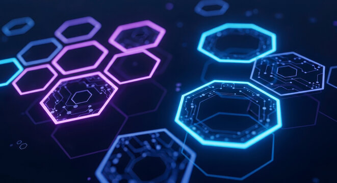 Abstract Digital Network Connections with Glowing Hexagonal Structures and Circuit Board Patterns - Powered by Adobe