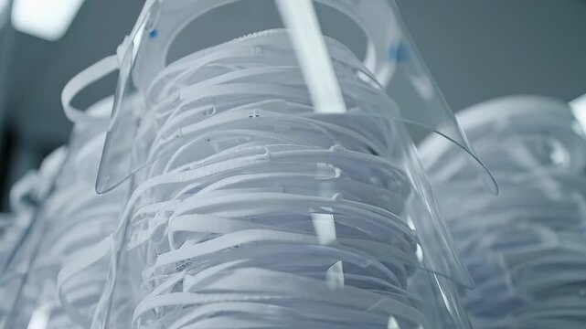 Protective face shields stack neatly with shields overlapping in layers showing transparency. The shields are stored carefully, ensuring shields are ready for use.